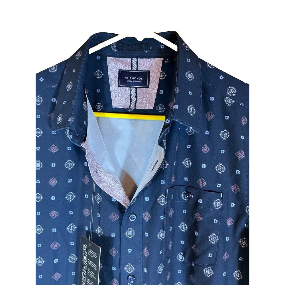 7 Diamonds Mens Button Shirt Short Sleeve Blue Geometric Woven 4 Way Stretch M